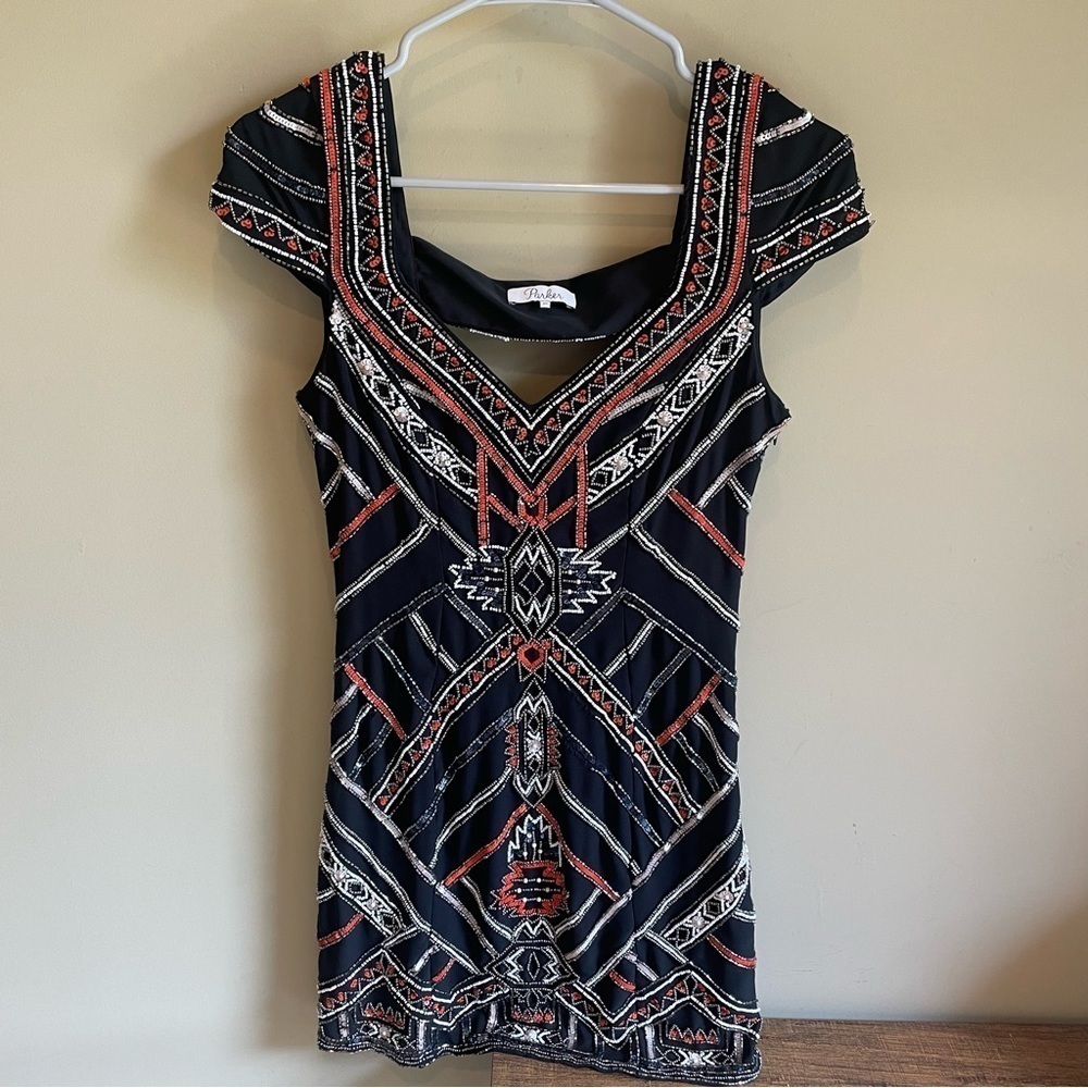 Parker Orange and Black Heavily Beaded Cocktail Dress